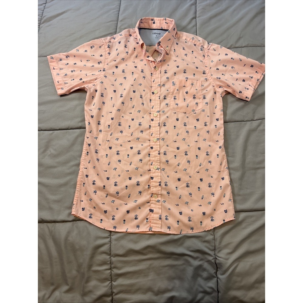 IZOD Men's S Pink Tropical Beach Print Button Front Shirt Palm Trees Surf